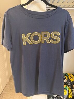 Michael Kors Navy Logo Tee - gold sparkle Accent